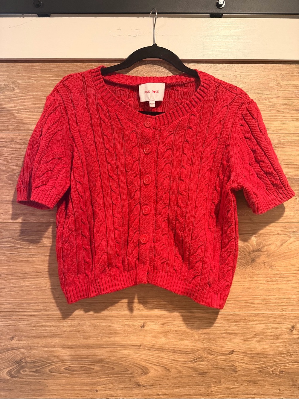 Pink Rose Red Cable-Knit Short-Sleeve Cardigan